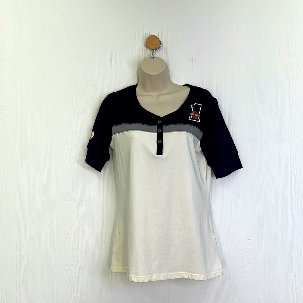 Harley Davidson - Black & Ivory Racing Short Sleeve Henley Top Size Small